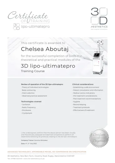 Chelsea Aboutaj's Body Contouring: Cavitation, Radio Frequency, Shockwave and Cryolipolysis certificate