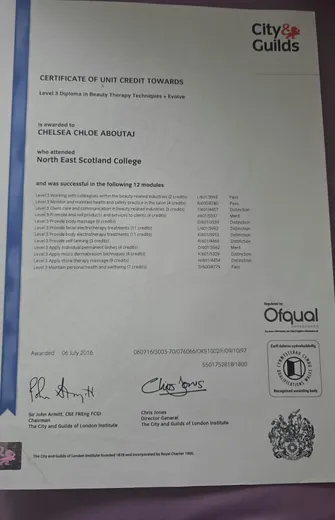 Chelsea Aboutaj's Level 3 Diploma in Beauty Therapy Techniques certificate