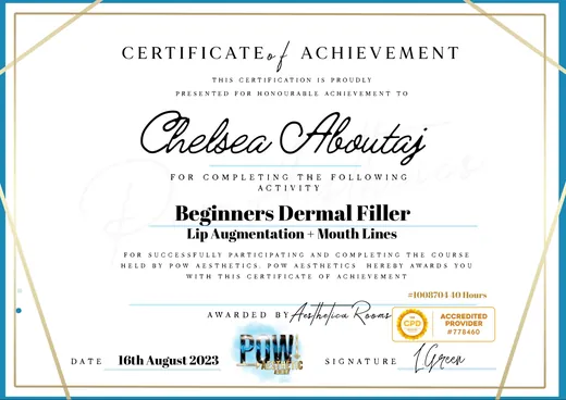 Chelsea Aboutaj's Dermal Filler: Lip Augmentation and Mouth Lines certificate