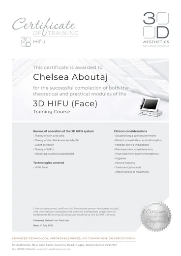 Chelsea Aboutaj's HIFU (Face) certificate