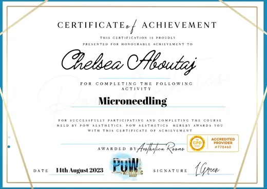 Chelsea Aboutaj's Microneedling certificate