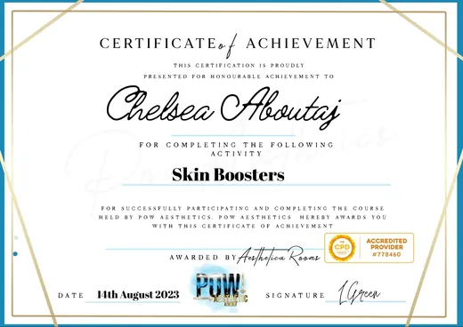 Chelsea Aboutaj's Skin Boosters certificate