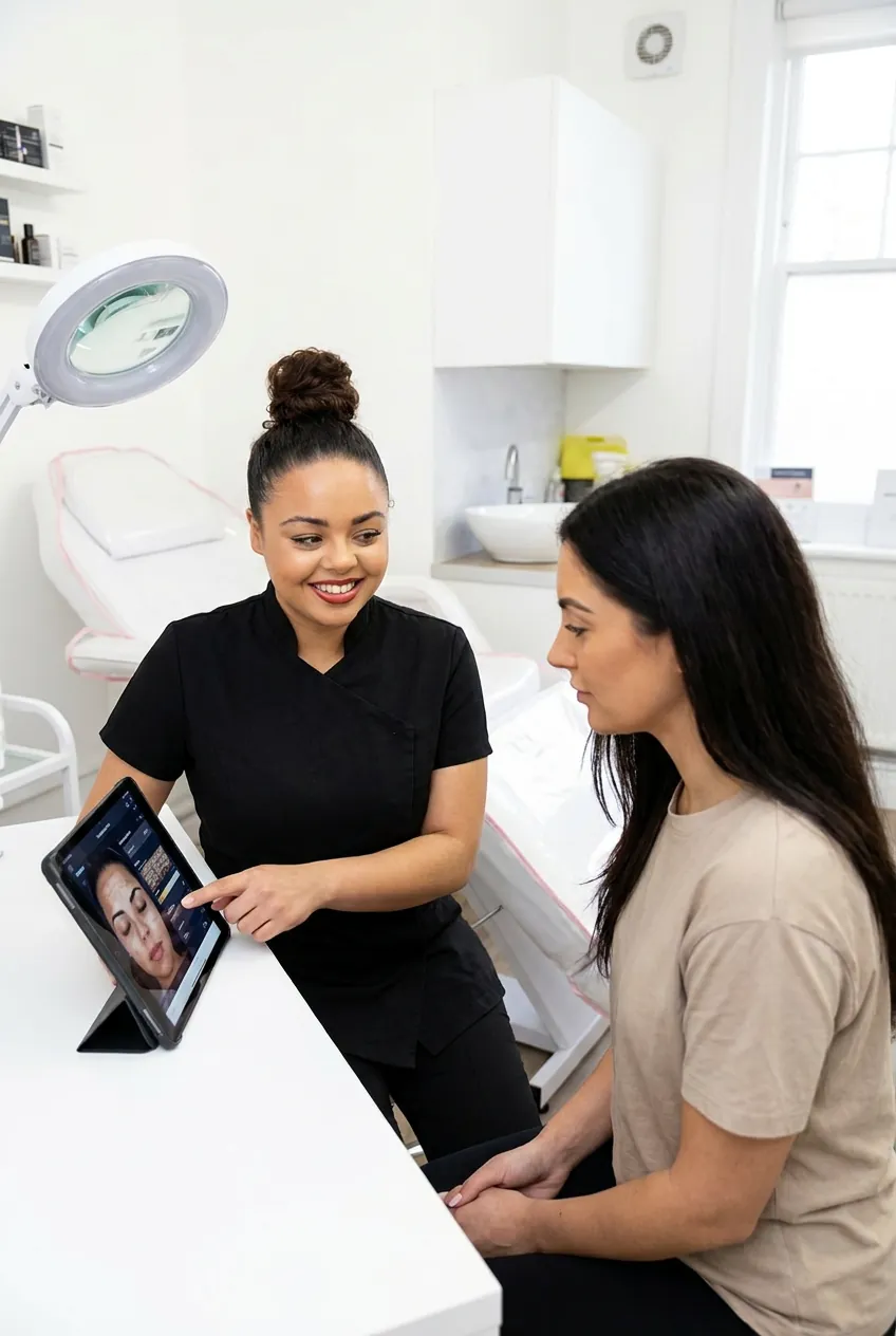 Chelsea talking a client through her skin analysis during a consultation