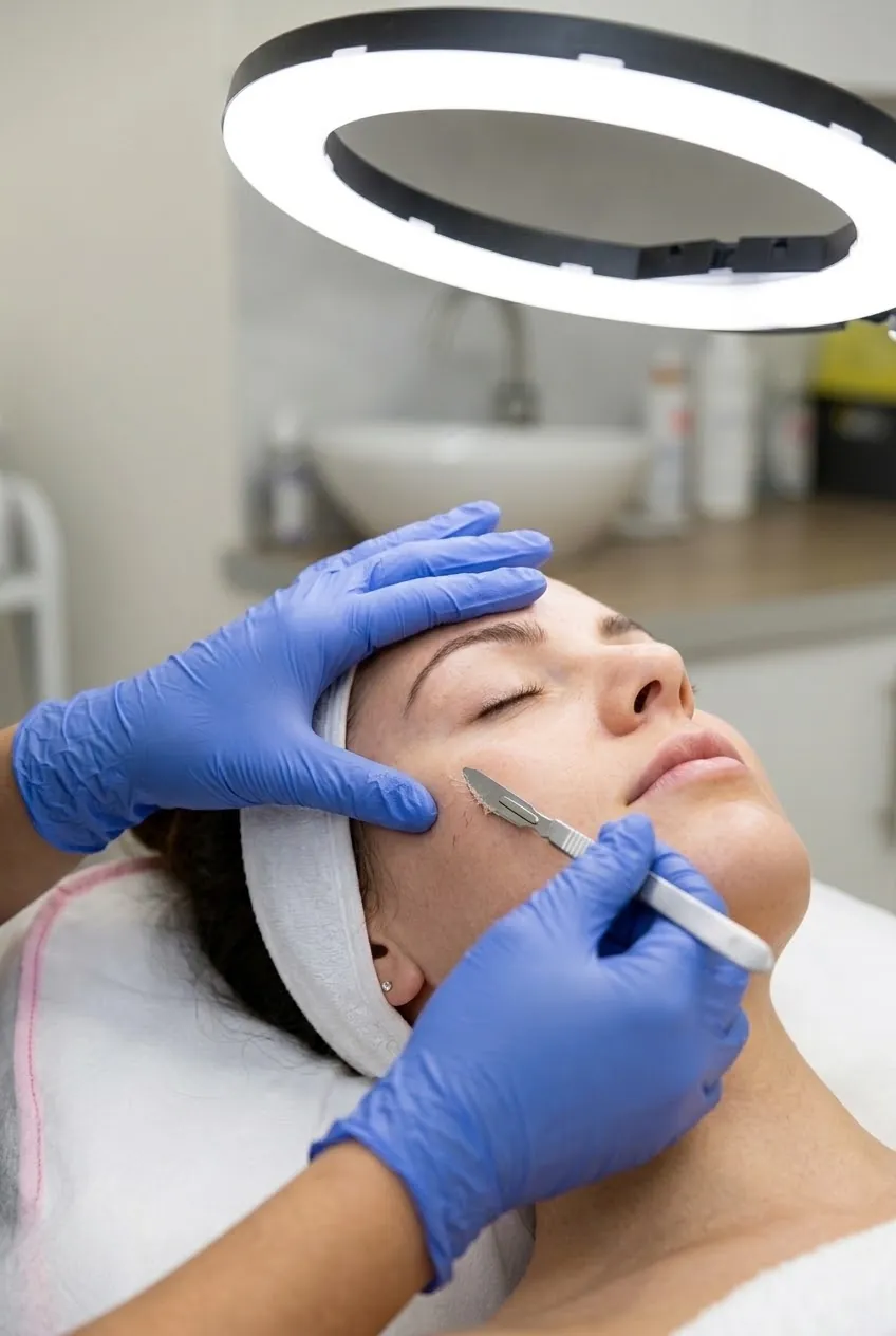 A dermaplaning treatment gently removing fine vellus hair