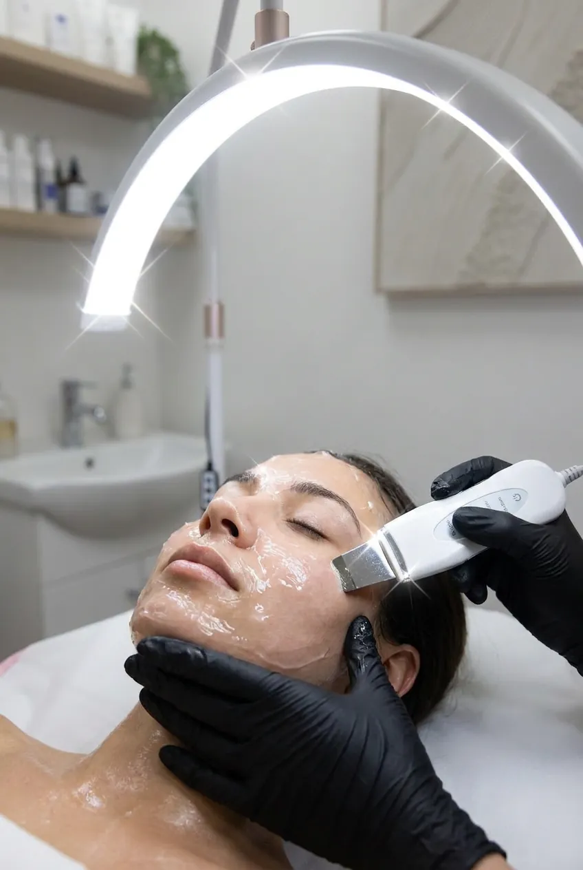A Deluxe Glass Skin Facial with an ultrasonic skin scrubber