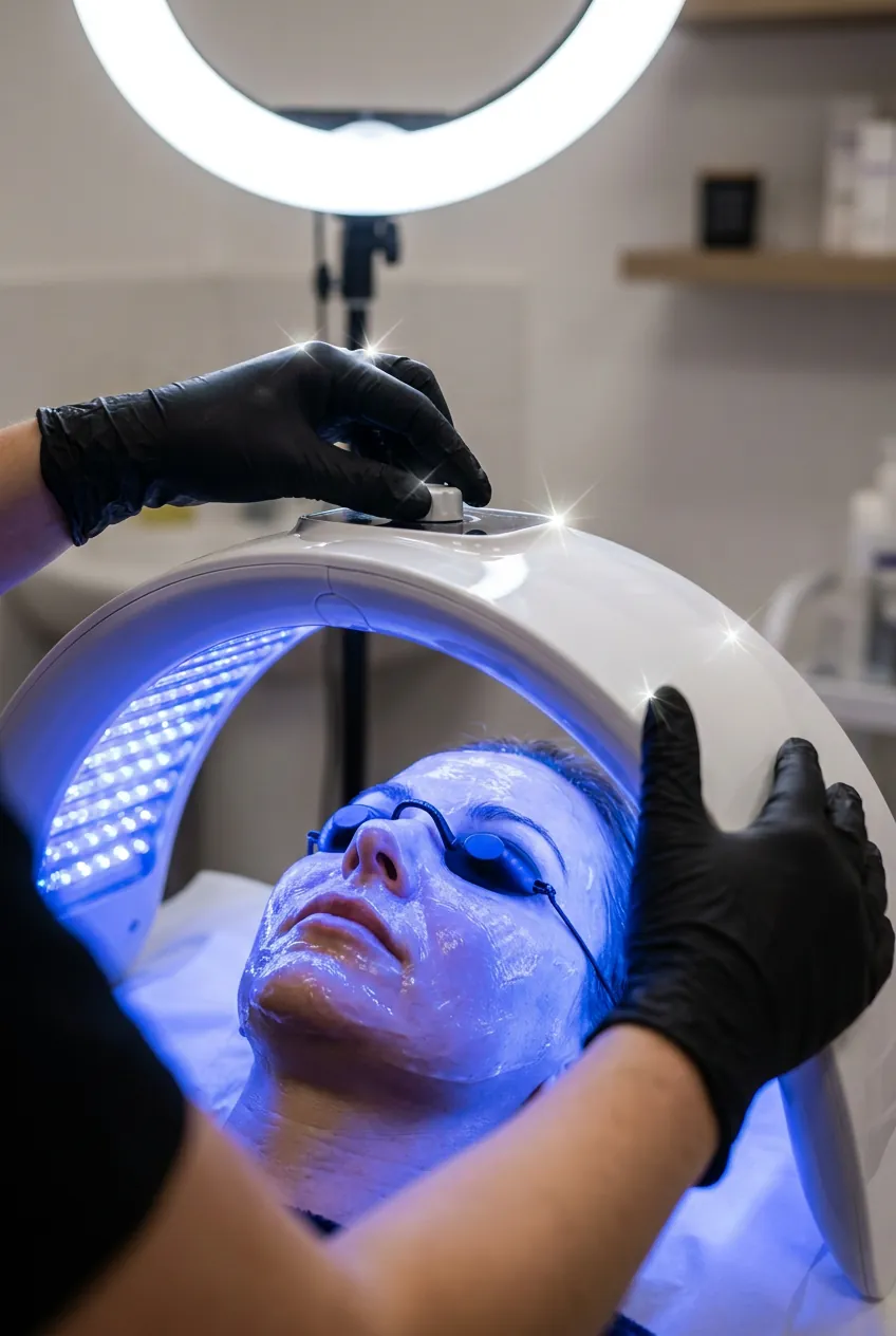 A client relaxing under LED light therapy during a hydration facial