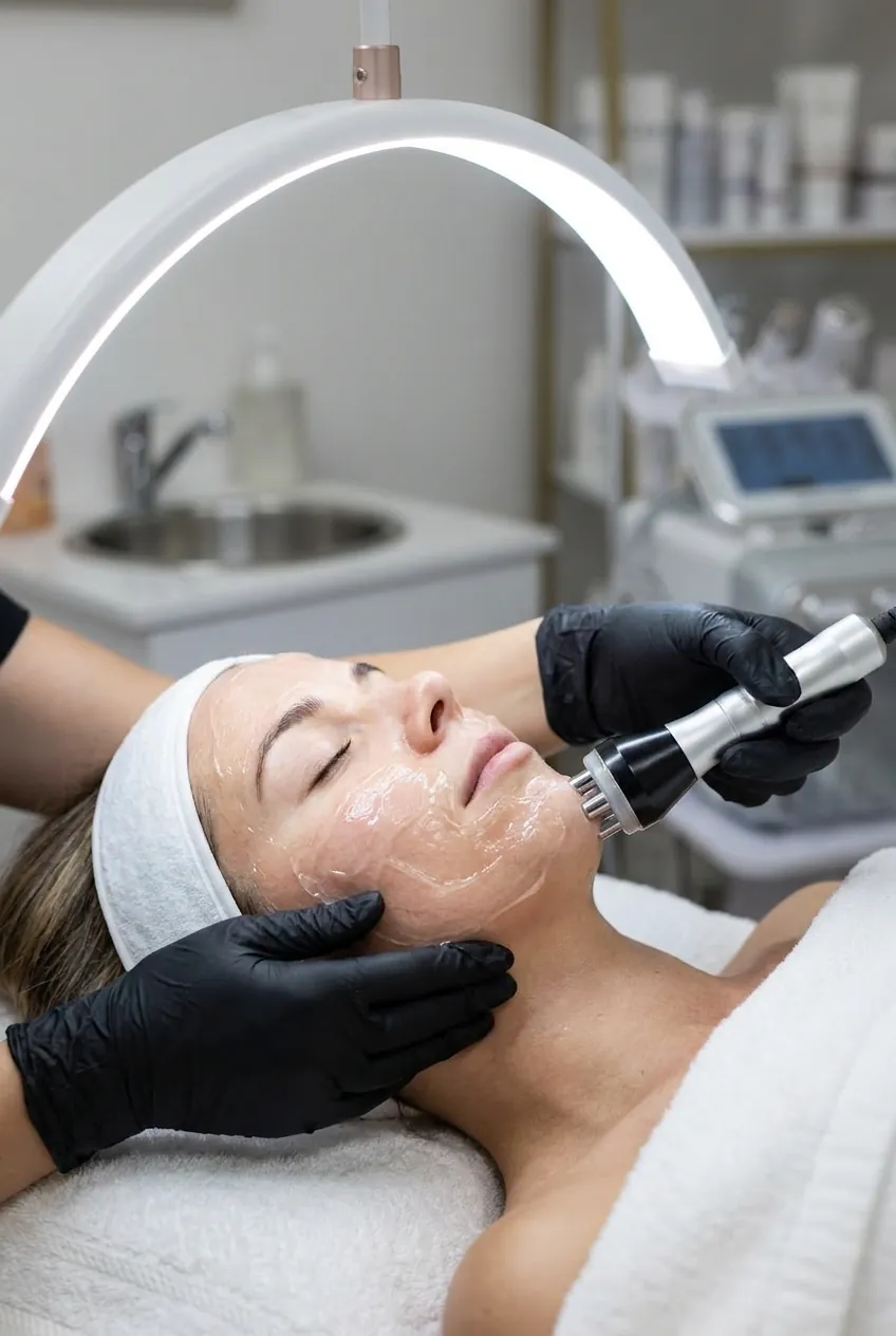 A Radio Frequency Facial being performed along the jawline